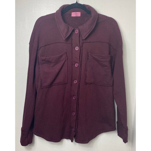 ANTHROPOLOGIE SHACKET S OVERSIZED SHIRT JACKET T.LA EAMON MAROON FLEECE PULLOVER - Picture 1 of 9